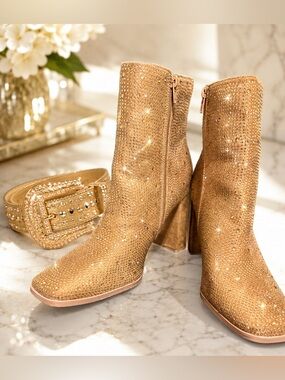 Women's Tan Rhinestone Ankle Boots